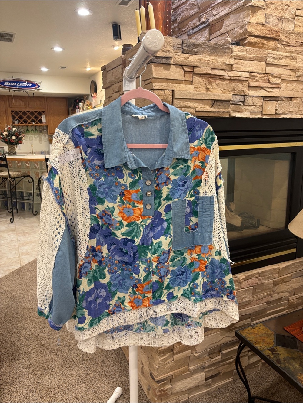 POL Floral Crochet Patchwork Blouse - Blue, Orange & Green